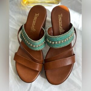 Italian Turquoise and Brown Slip-On Sandals with Gold Studs